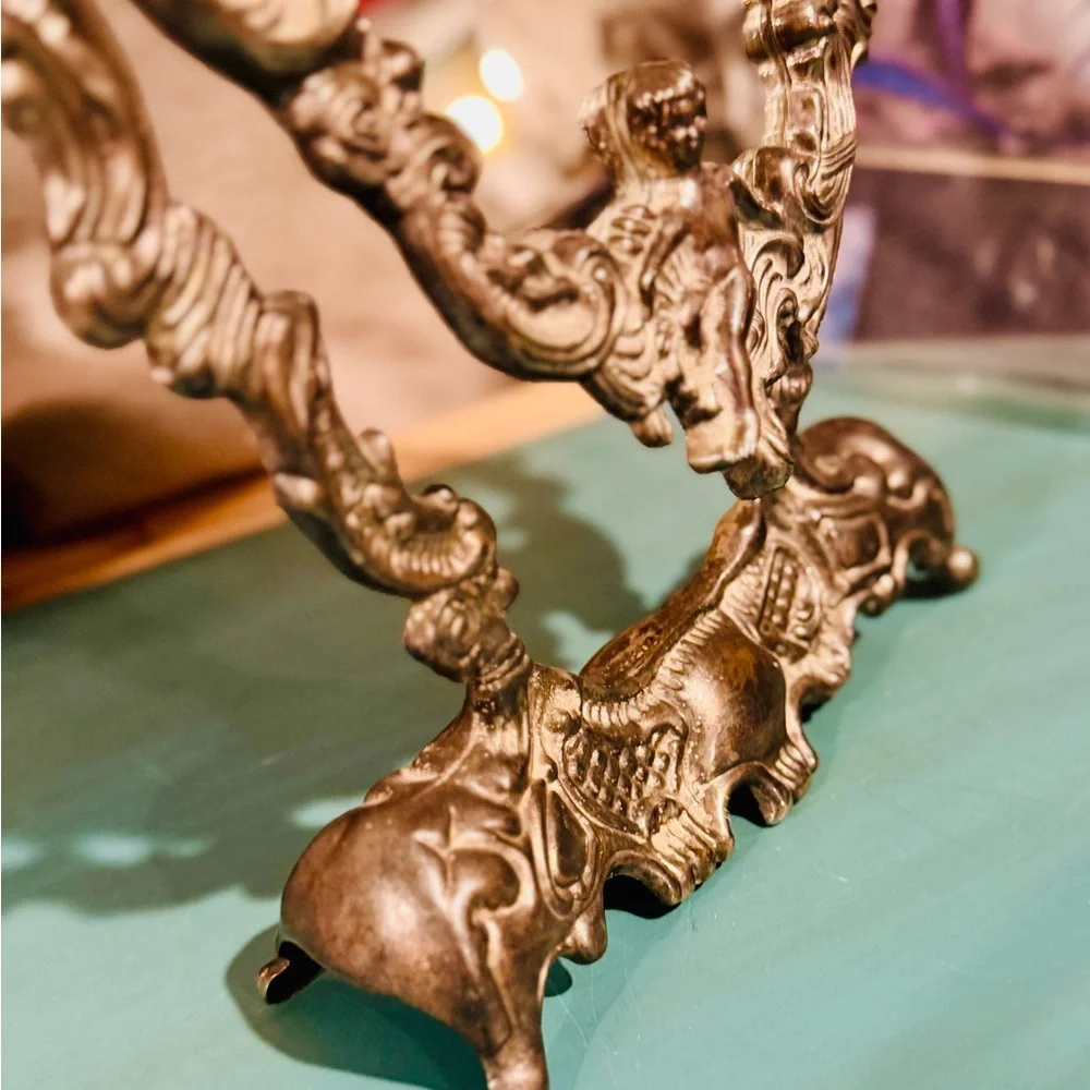 Vintage Ornate Tilting Vanity Mirror Cherub Rococo Silver Tone